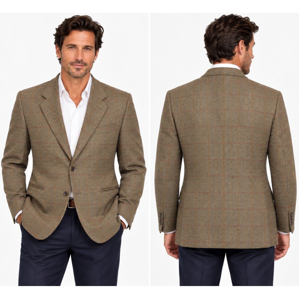 Canali Milano Mens Alpaca Worsted Wool Blazer Herringbone Windowpane Brown 48 L